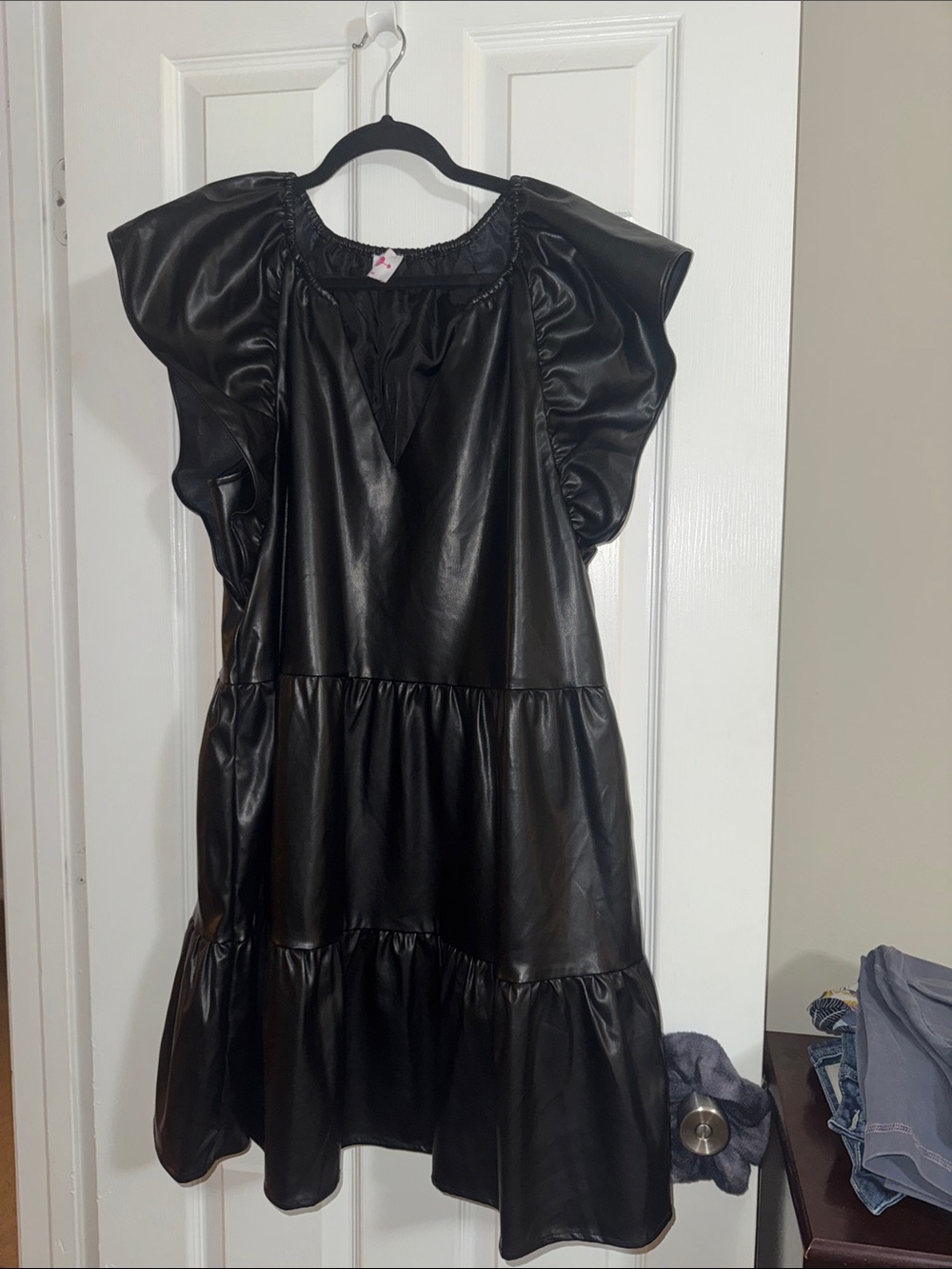 Buddy Love Black Faux-Leather Ruffle-Sleeve Mini Dress